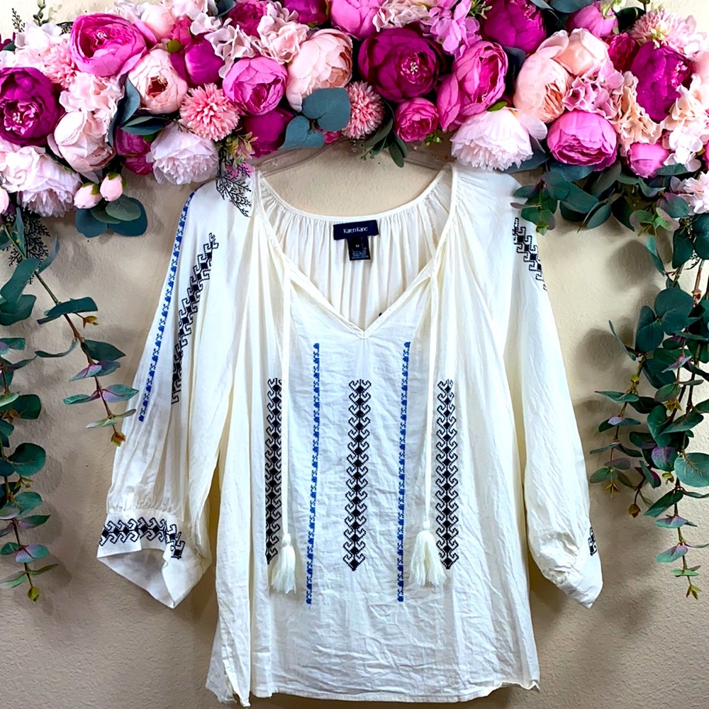 •Karen Kane• {white} Gathered Peasant Blouse [Black & Cobalt] Native Embroidery